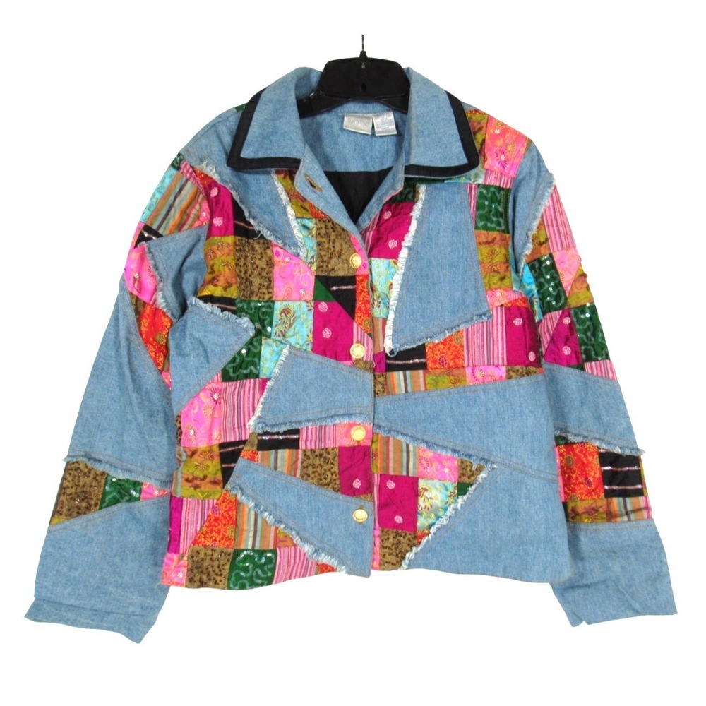 Vtg Bleu Bayou Blue Denim Jacket BEADED & PEARLS Paisley Stripes PATCHWORK M